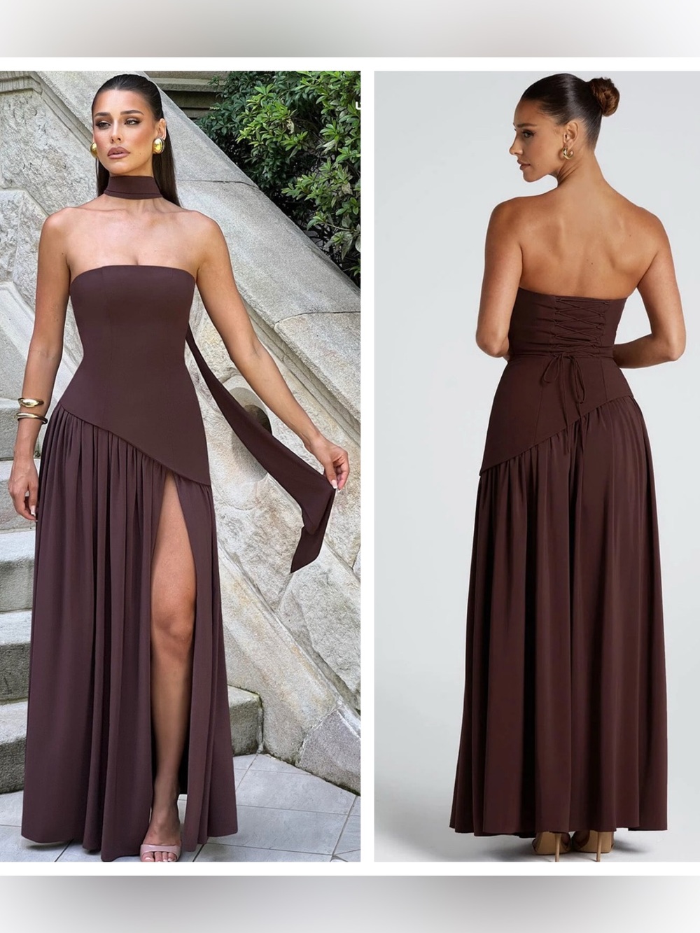 Babyboo Maliyah Maxi Dress strapless plum brown no neck scarf S formal party